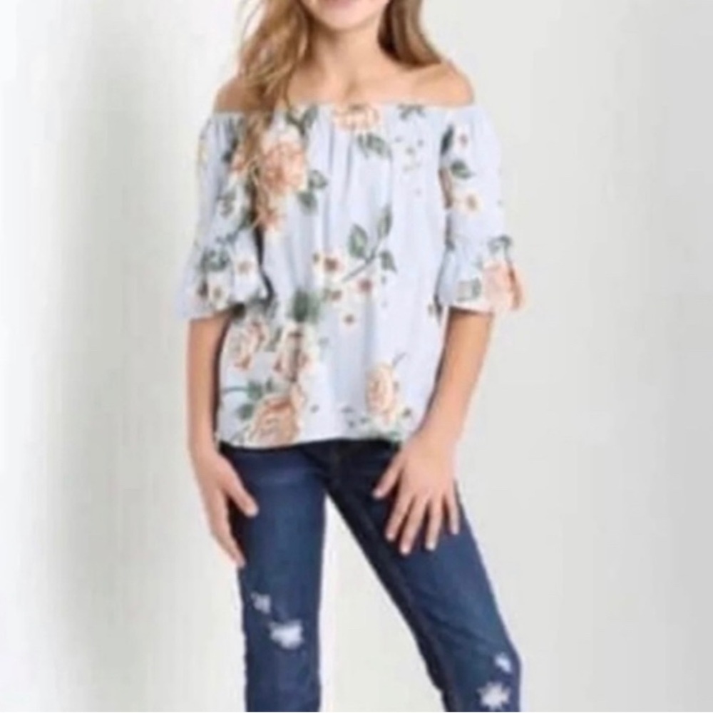 Angie’s Girls Floral Off Shoulder Top Blue Large NWT